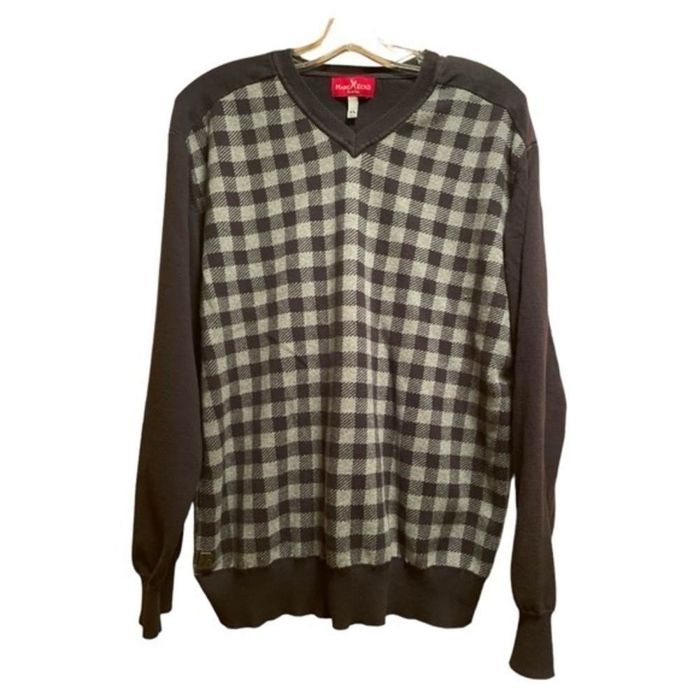 Marc Ecko Cut & Sew Sweater Men’s V Neck Checked Cotton Black Gray Size‎ XL